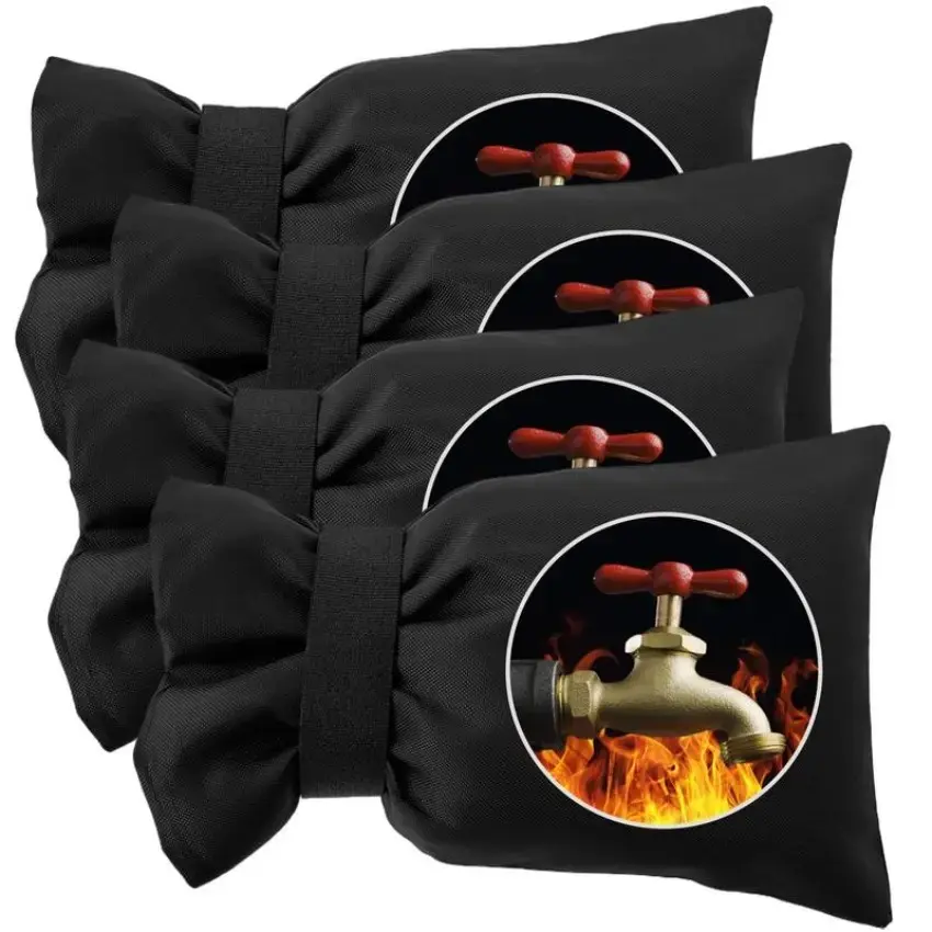 4 Pcs Reusable Thermal Waterproof Slide Faucet Covers with Magic Straps, 5.5x7.9 Inch Thick Anti-Freeze Hose Bib Socks with Fire Graphic for Outdoor Garden Winter Freeze Protection