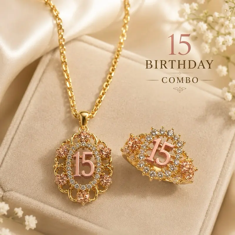 Quinceañera 14K Jewelry Combo - Female Women's Earrings, Necklace and Ring