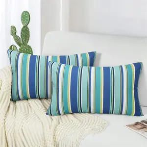 Outdoor Waterproof Throw Pillow Covers 12x20, Decorative Colorful Striped Lumbar Pillows Cover t of 2 for Patio Garden Blue