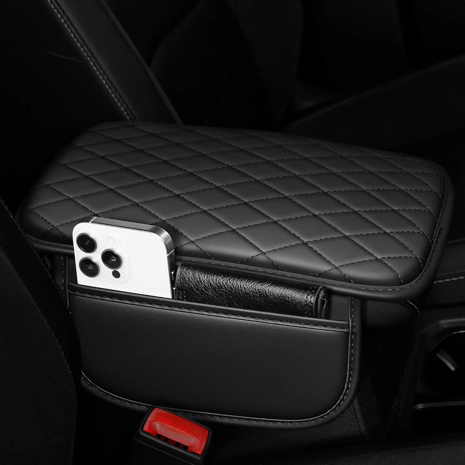 Universal Leather Car Center Console Armrest Cover - Auto Accessories Interior, Cars Accessories, 12.3x7.86" Custom Fit, Memory-Foam Support Cushion Pad, Anti-Scratch Non-Slip Waterproof Protector, Elastic Bands, Easy-to-Use Decor for Trucks, SUVs
