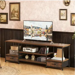 63-inch TV Stand with Power Outlets, 2 Fabric Drawers, Entertainment Center Console Table with Adjustable Shevles, for Living Room & Bedroom, Rustic Brown