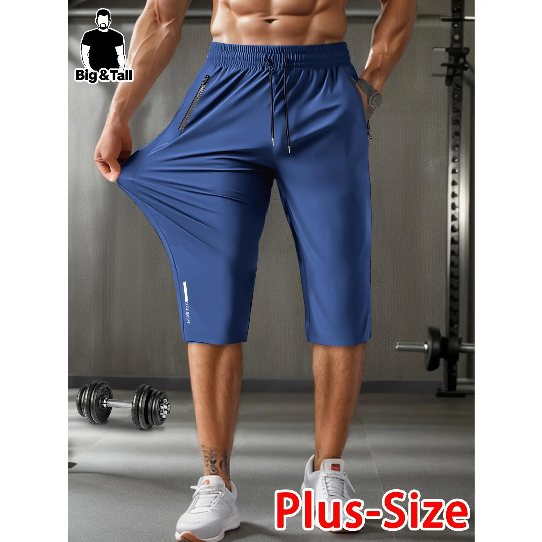 Big & Tall Plus Size Men’s 7 Inch Capri Athletic Shorts, Lightweight Quick Dry Breathable Stretch Knee Length Workout Cropped Pants, Drawstring Elastic Waist Zipper Pocket Loose Fit Summer Running Gym Casual Capris for Big Guys