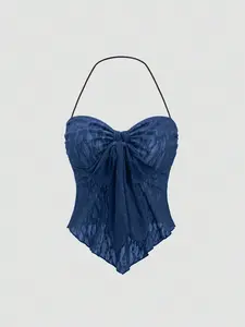 Women's Sexy Lace Halter Top with Bow Front, Boho Bohemian Sleeveless, Fitted Summer Vest, Plain Color, Moderate Fabric Thickness, Perfect for Casual Wear