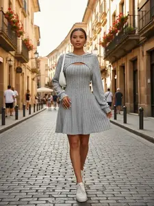 [Plus Size] Two-piece Set Solid Ribbed Crop Hoodie & Tank Dress Set, Casual Chic Long Sleeve Bishop Sleeve Hooded Sweatshirt & Short Dress, Women's Spring & Fall Clothes, Casual Everyday Wear