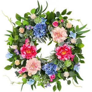 24 Inch Spring Wreaths for Front Door, Artificial Front Door Wreath with Daisy Peony Hydrangea Eucalyptus Green Leaves, Outside Floral Wreath for Home Porc