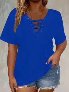 Women's Summer Casual Loose-Fitting V-Neck Adjustable Drawstring Top, Womenswear, Large Size Short Sleeve Pullover, Comfortable Everyday Daily Wear