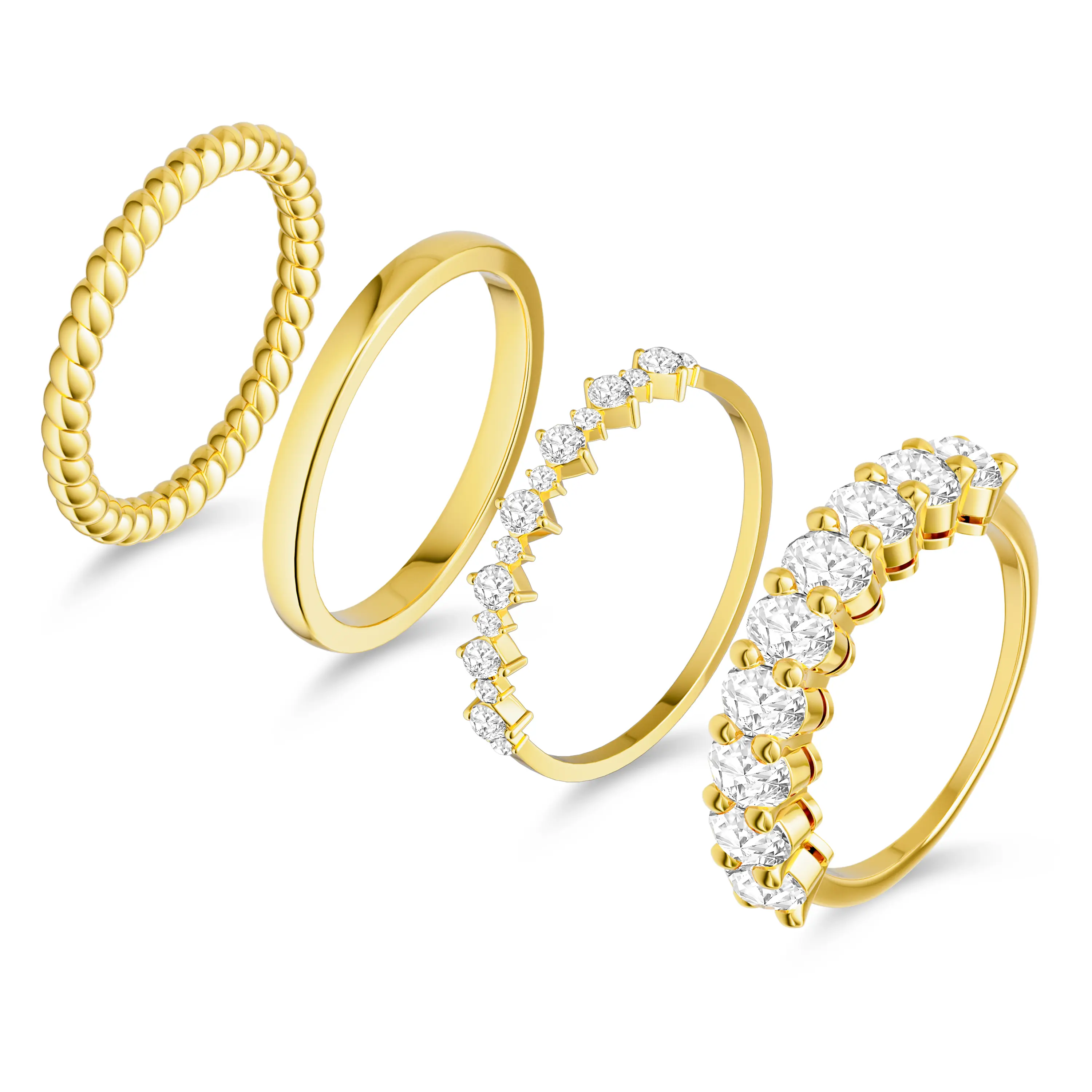 KOPERIN 4PCS Size 7 14K Gold Plated Stackable Rings Twist Plain Round And Oval CZ Half Eternity Bands Hypoallergenic Accessories For Women Daily Wear