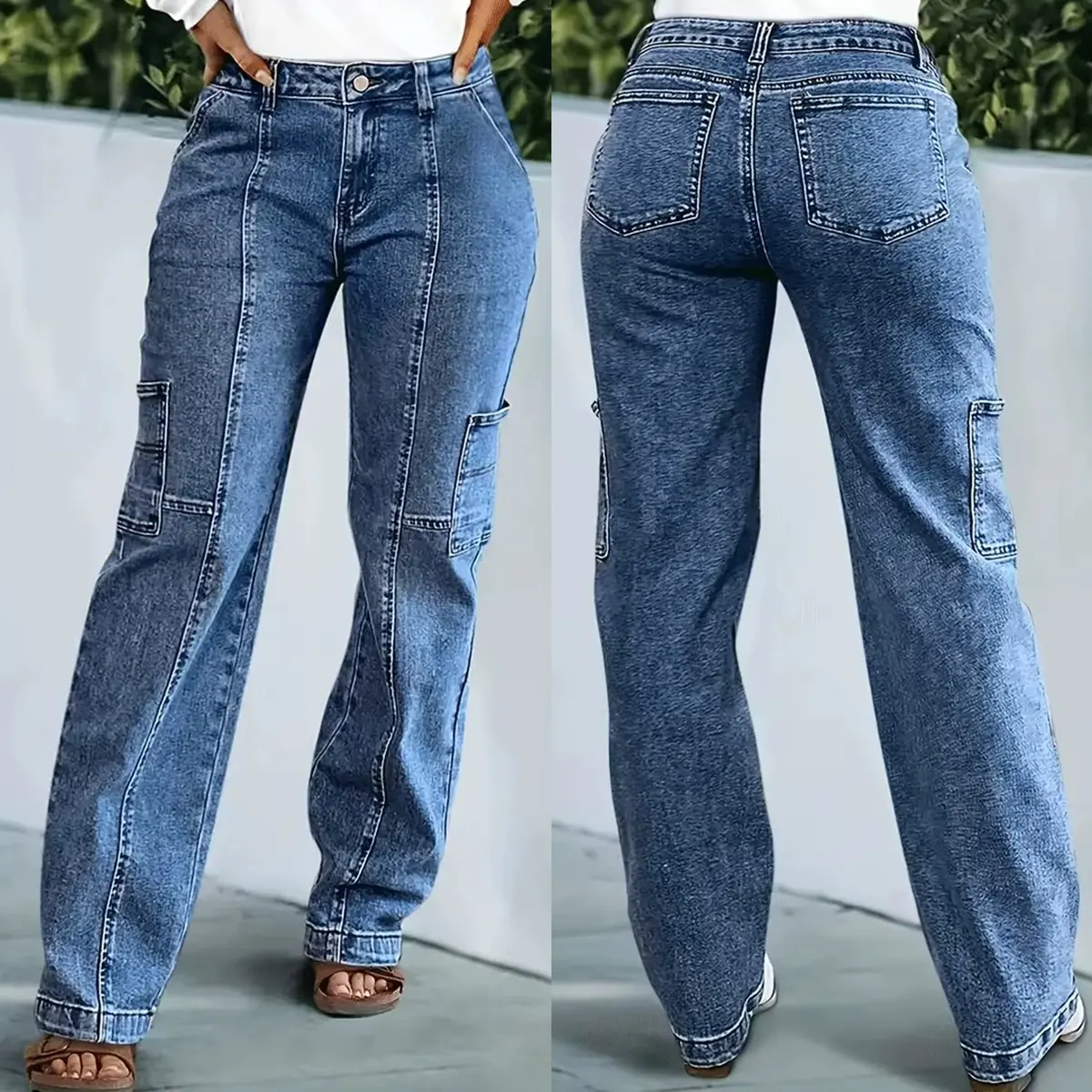 Women's High-Waisted Wide-Leg Stretch Denim Cargo Jeans with Functional Pockets, Casual Streetwear Bottoms, Pocket, Trouser, Pants, Button, Urban Jeans, Thanksgiving