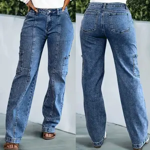 Women's Slim-Fit Figure-Flattering Stretch Wide-Leg Denim Cargo Trouser Bottoms - Basic, Pocket Design, Button Closure, Streetwear