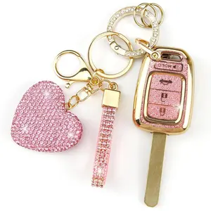 Key Fob Cover with Diamond Keychain Car Key Holder Case Compatible with Honda 2013-2016 Accord Crosstour 2014-2015 CR-V Civic 2016-2017 HR-V Protector for Women 4 Buttons, (Pink-Heart)