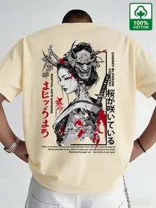 Men's 100% Cotton Geisha Oni Mask Samurai Graphic Tee, Oversized Japanese Streetwear T-Shirt, Slim-Fitting Long Sleeve Top