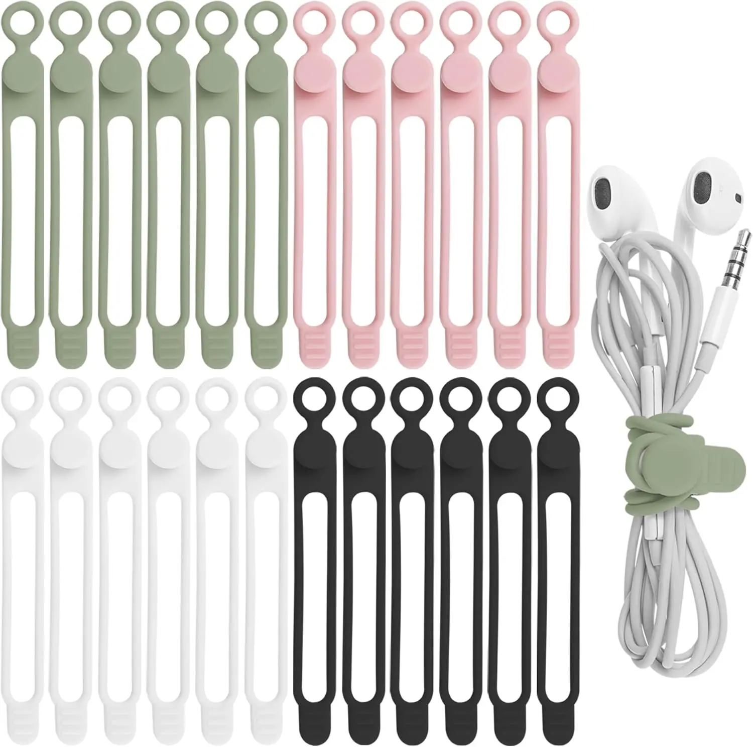 24 Reusable Flexible Silicone Ties - 4.2in Colorful Pack, Universal Adjustable Loop Organizers for Charging Cables, Home Cable Management, Wire Organization