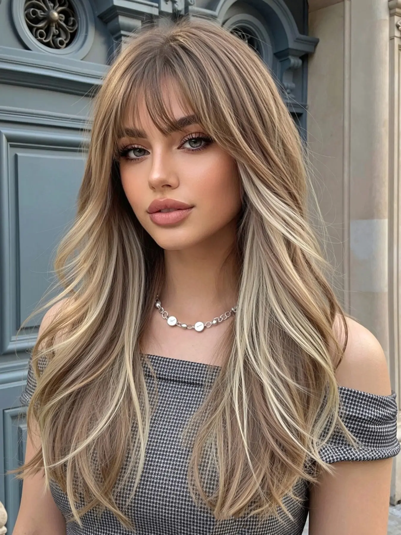 Ash Blonde Long Wavy Hair Wig with White Highlights & Full Bangs | Daily Style 20inch Synthetic Machine Wigs