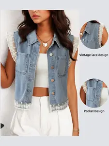 Women's Lace Patchwork Medium Wash Denim Vest, Stand Collar Sleeveless Loose Fit, Sweet Cool Casual Style Layered Outerwear Top