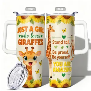 1pc, 40oz/30oz/20oz/14oz Stainless Steel Cup Giraffe and Sunflower Themed Double Wall Vacuum Insulated Cup, Leakproof Lid & Carry Handle Travel Mug Tumbler for Outdoor Camping Hiking, Gift for Dad, Mom