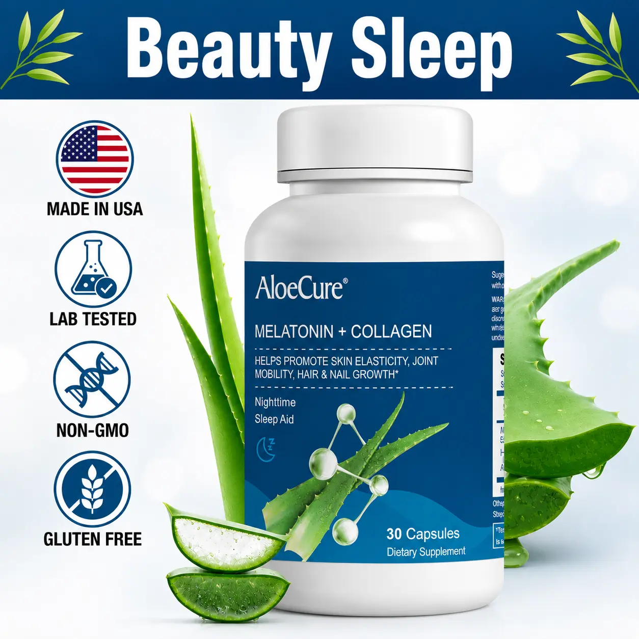 AloeCure Natural Melatonin + Collagen with Organic Aloe Vera - Natural Sleep Aid Supplement for Restful Nights - Collagen Complex for Joint Strength, Skin Elasticity, Hair & Nail Growth, 30 Capsules
