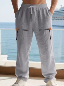 Men's Linen Pants Fall Casual Loose Fit Zipper Pocket Hip Hop Wide Leg Long Pants, Comfortable Home Beachwear, Trendy Men's Fashion