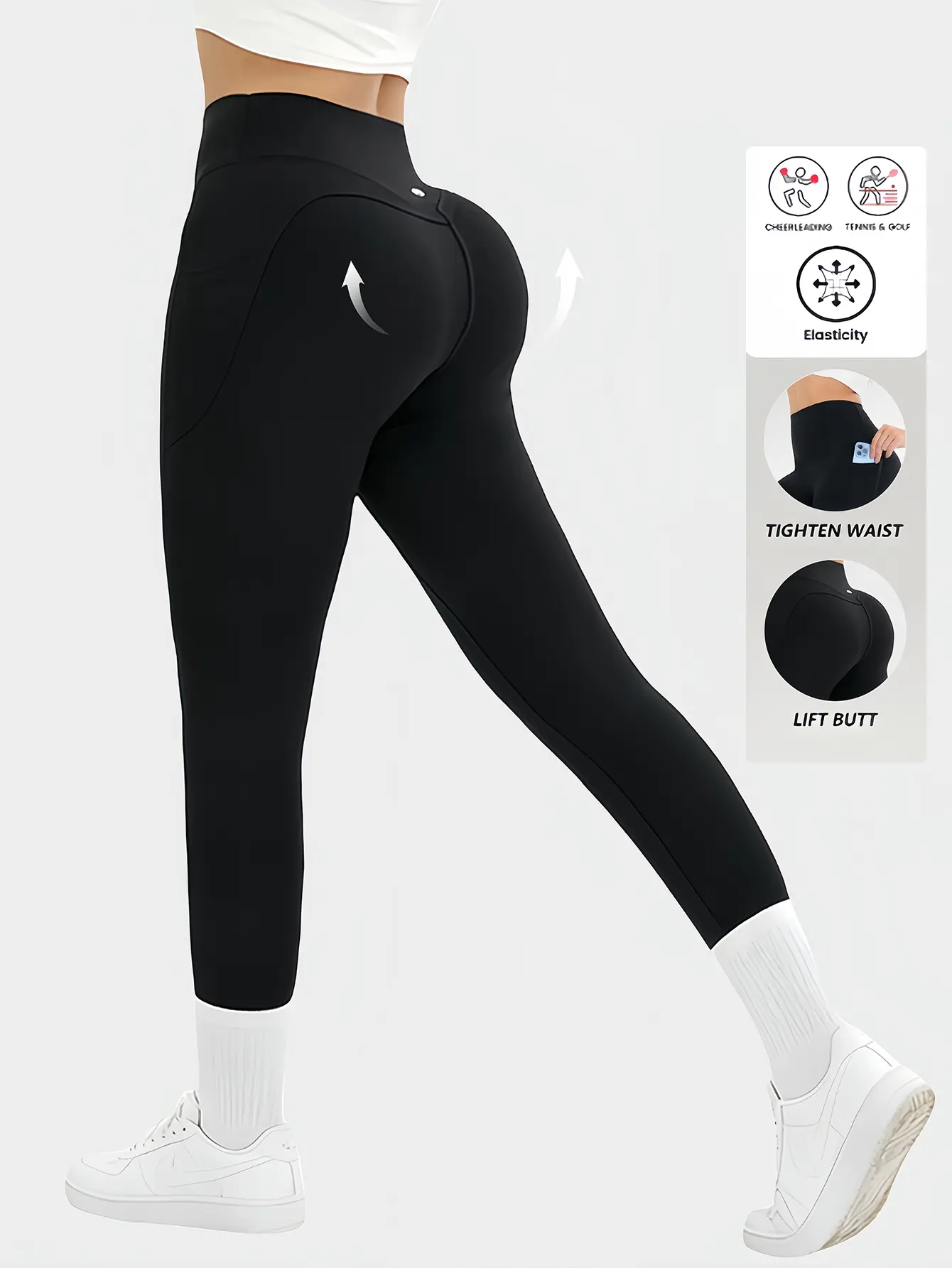 POBODO Women's High-Waist Butt-Lift Polyester Blend Leggings with Hidden Side Pockets, Tummy Control, Slim Compression, Stretch for Yoga, Gym, Daily Casual Wear, Women's Clothes, Clothes For Women