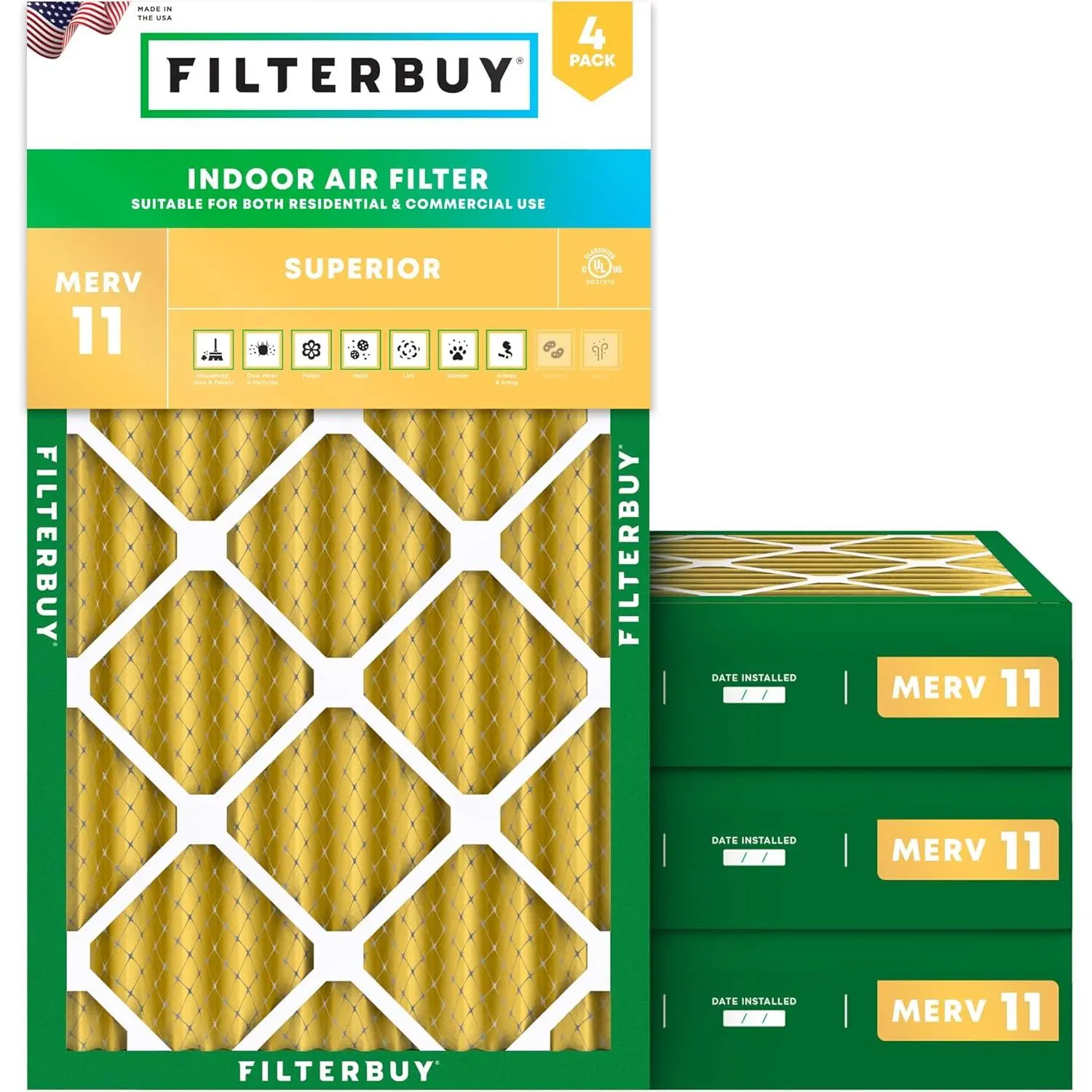 New Filterbuy Rectangular Eco-Friendly Electrostatic Household Synthetic 15x25x4 Air Filter (4-Pack) - Pleated MERV 11 Allergen Trap, HVAC AC Furnace Replacement Parts, Endures Temperatures Up to 200°F (Actual Size: 14.5x24.5x3.75 in)
