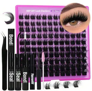 80D DIY Eyelash Extension Kit with Glue, Tweezers, Brushes, Remover, Cluster, Natural Thick Extensions, 9-15mm, Personalized Kit with Lash Glue, Applicator