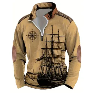 Autumn and winter vintage style sailboat print men's casual and comfortable long sleeved polo shirt Navy Uniform Graphic
