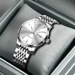 Men's Business Silver White Alloy Steel Band Dual Calendar Luminous Waterproof Quartz Watch