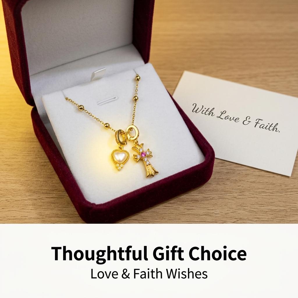 Pink Diamond Cross & Heart Shell Pendant Clavicle Necklace