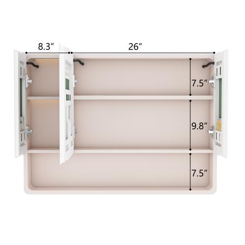 Aluminium Medicine Cabinet Mirror, 36 * 28in Tri-Color LED Light Bathroom Mirror with Cosmetic Storage Rack, Hair Dryer Holder and Defogging Function-khaki