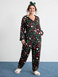 BLOOMCHIC Holiday Spirit Pockets Hooded Sleep Jumpsuit - Christmas Print, Extra Long Sleeve, Multicolor, Regular Fit, Zipper Closure, Loungewear & Nightwear for Women overalls