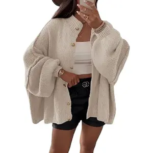 Womens Oversized Cardigans Long Lantern Sleeve Button Down Chunky Knit Loose Fall Sweater Coats