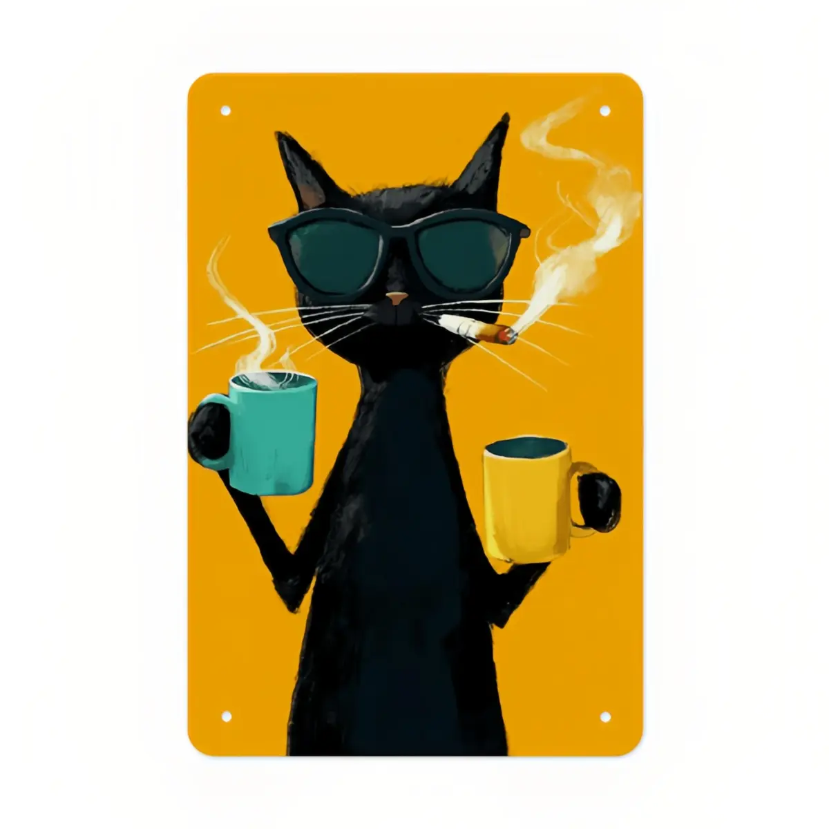 Funny Black Cat Coffee Lover Retro Tin Sign Bar Garage Wall Art Retro Cool Black Cat Wall Tin Sign Funny Cat Wearing Sunglasses Holding Coffee Cups Smoking Cigar Vintage Metal Plaque Decor For Cafe Pub Basement Farmhouse Bedroom Cat Owner Gift