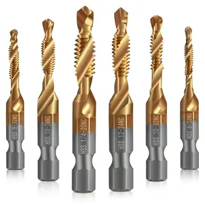 6Pcs Titanium Combination Drill and Tap Bit Set, Metric Drill Tap Bits Screw Tapping Bit Tool 1/4" Hex Shank 3 Functions in 1