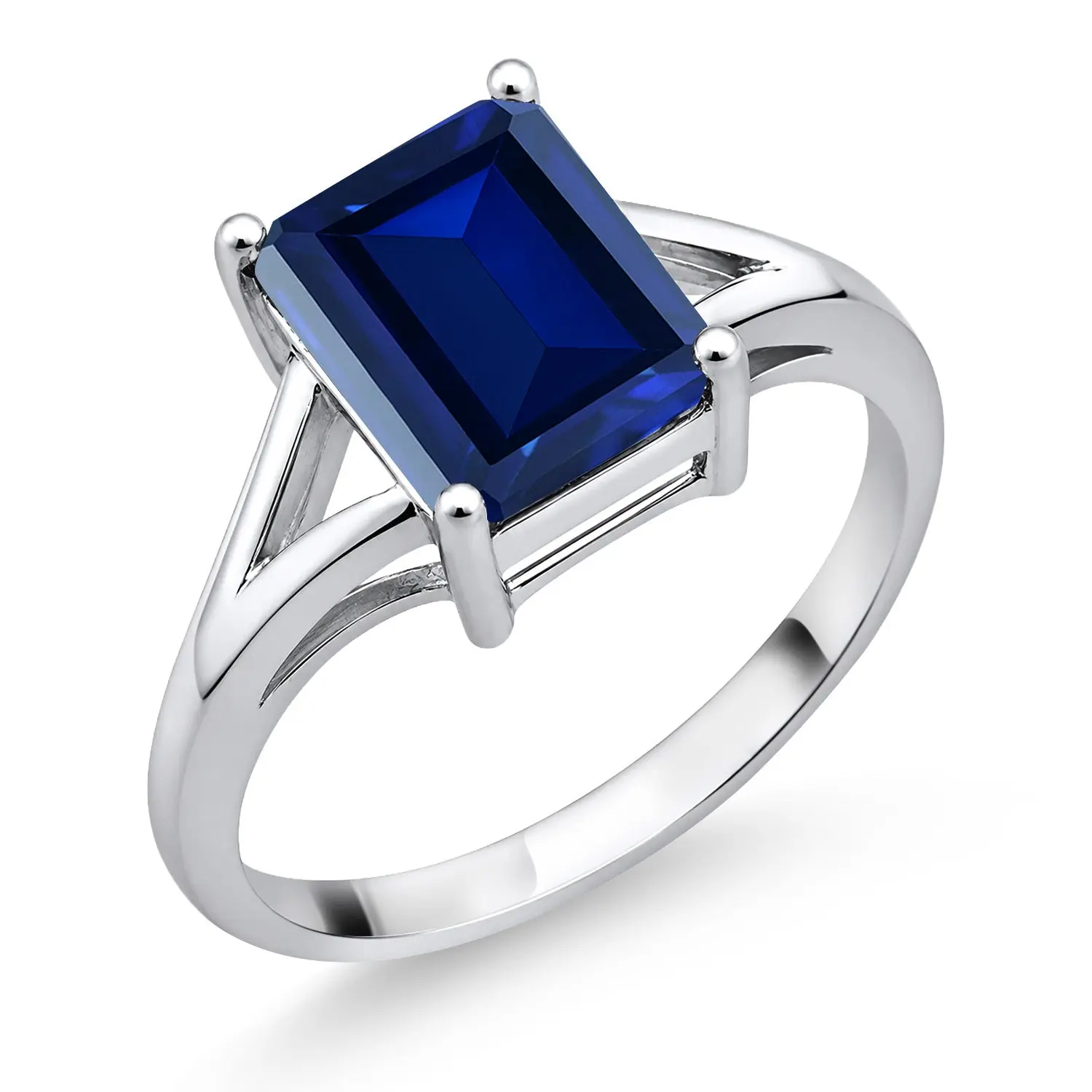 Gem Stone King 2.70 Cttw Blue Created Sapphire Solitaire Engagement Ring For Women | 925 Sterling Silver | Emerald Cut 9X7MM | Gemstone September Birthstone | Available In Size 5, 6, 7, 8, 9