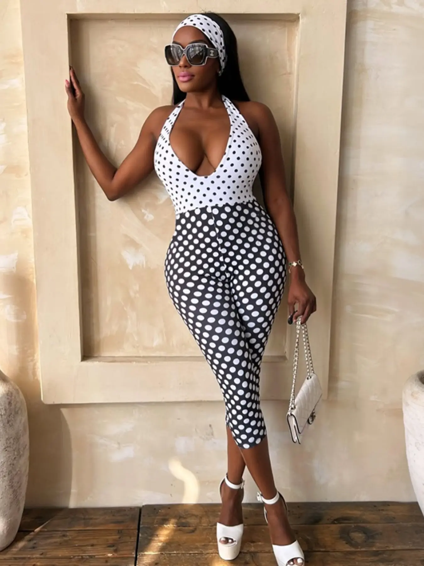 Women's V-Neck Halter Polka Dot Fitted Jumpsuit, Chic & Comfortable Jumpsuit for Everyday Wear and Date Nights, Stylish Chic and Comfortable, Womenswear