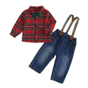 Kids Toddler Boys Christmas Outfits Long Sleeve Plaid Bow Tie Dress Shirt Denim Suspender Pants Xmas Gentleman Formal Suit