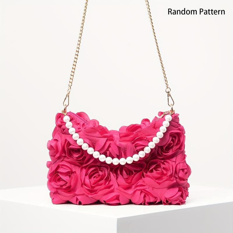 [Wedding Accessory] Elegant Rose-Embellished Crossbody Bag with Faux Pearl Accents - Sweet Pink Floral Evening Clutch, Ideal Valentine's Gift for Women, Polyester Lining, Zip Closure, Wedding Gifts