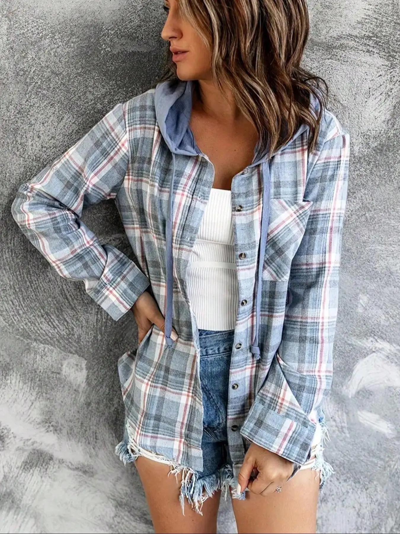 Women's Plaid Print Button Front Drawstring Hooded Coat, Adjustable Casual Drop Shoulder Long Sleeve Pocket Autumn Outerwear for Fall & Winter, Ladies Clothes for Daily Wear