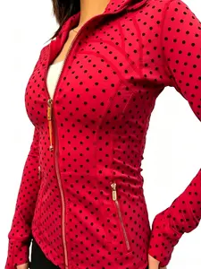 Women's 2026 4-Season Polka Dot Slim-Fit Mock Neck Quick-Dry Black Activewear Coat - Embossed Flocking Tech, Exercise Jacket, Fitness Outerwear, Sportswear Layer, Gym Essential