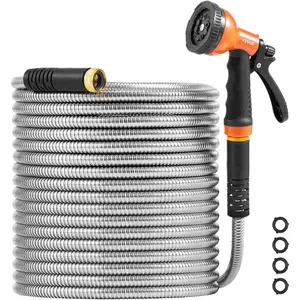 VEVOR Garden Hose Metal 100FT - Heavy Duty Stainless Steel Water Hose, Flexible, No Kink Tangle, Puncture Resistant Rust Proof, Lightweight w/ 10 - Function Spray Nozzle for Yard, Outdoor, Gardening