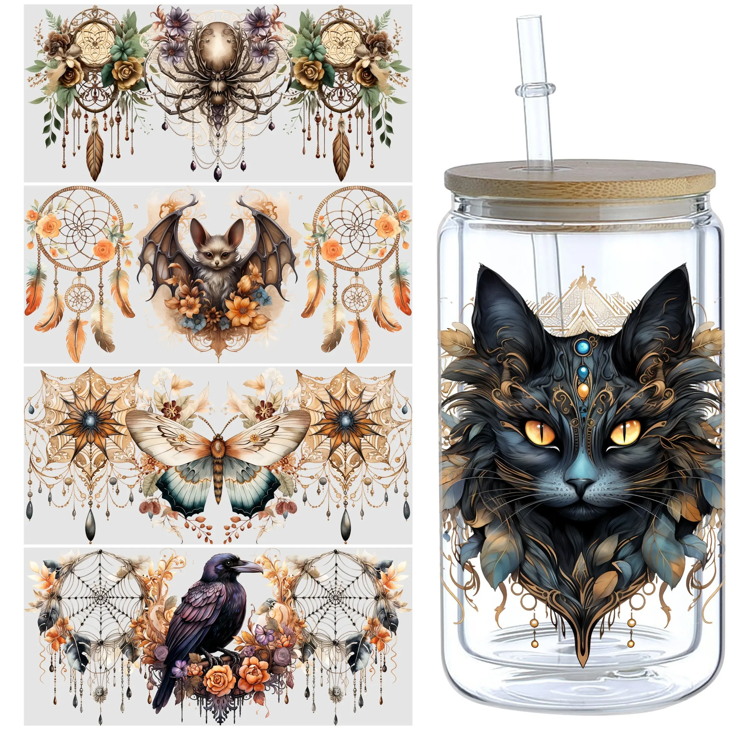 5pcs Bohemian Horror Theme UV DTF Cup Decals for 16 oz DTF Heat Transfer Cup Embellishments with Cartoon Patterns, Crystal Adornments Glossy Finish, Self-Adhesive Decals for DIY, Furniture, Crafts Multicolor Plastic, Single Use with Irregular Shape
