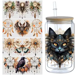 5pcs Bohemian Horror Theme UV DTF Cup Decals for 16 oz DTF Heat Transfer Cup Embellishments with Cartoon Patterns, Crystal Adornments Glossy Finish, Self-Adhesive Decals for DIY, Furniture, Crafts Multicolor Plastic, Single Use with Irregular Shape