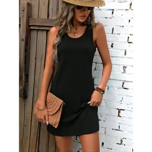Women’s solid-color sleeveless vest dress, simple and versatile, suitable for office and everyday wear, basic style vest dress GARMENTARY