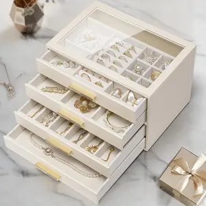 VLANDO Classic Rectangle Women's 4-Layer Jewelry Box for Jewelry for Women, Waterproof Dustproof Glass Lid Organizer with 4 Drawers, Christmas Gift (Cream White)