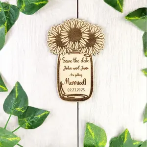 Rustic Sun Flower Mason Jar Save the Date Magnets | Personalized Wedding Announcement | Laser Engraved wooden magnet | Wild Flower Invite Decor