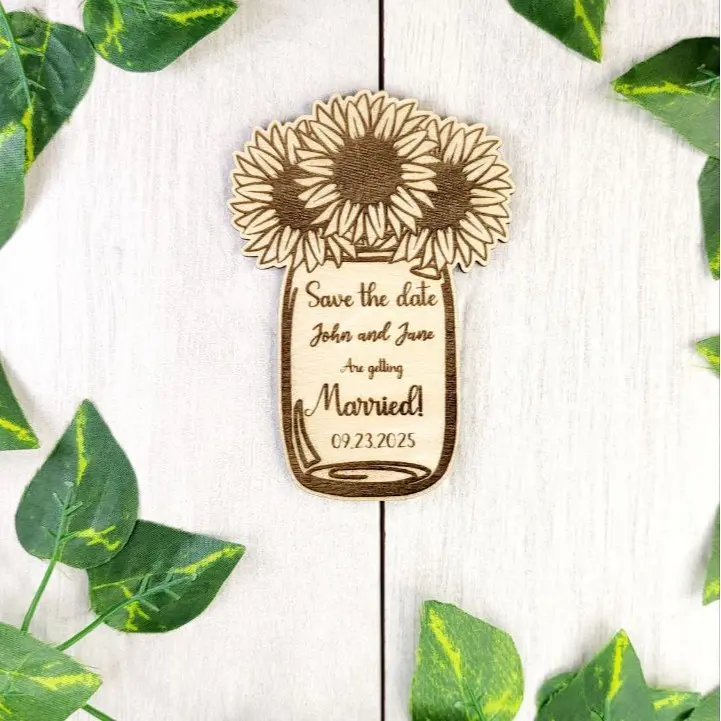 Rustic Sun Flower Mason Jar Save the Date Magnets | Personalized Wedding Announcement | Laser Engraved wooden magnet | Wild Flower Invite Decor