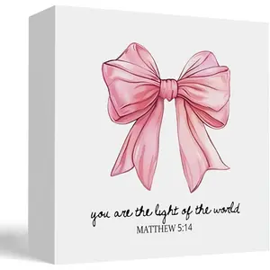 Inspirational Pink Bow Wooden Box, "You Are the Light of the World" Matthew 5:14 Scripture Elegant Gift Box, Christian Decorative Storage Keepsake for Girls, Women, Teens, 5x5 Inch
