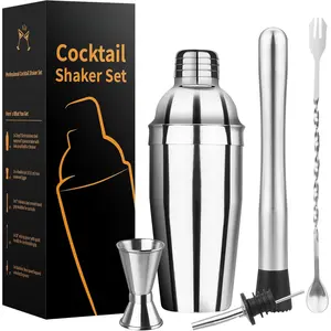 Cocktail Shaker Bartender Kit - 5PCS Cocktail Martini Shaker with Strainer, Muddler, Bar Spoon, Measuring Jigger for Bartending and Liquor Bottle Pourers, Drink Mixer Bar Tools Glass Set