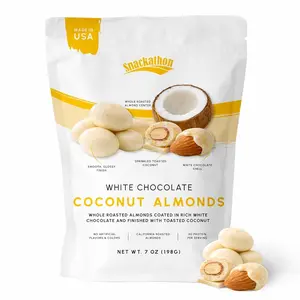 Snackathon Coconut White Chocolate Covered Almonds, Resealable Bag, Whole Roasted Almonds Coated in Creamy White Chocolate and Toasted Coconut, Crunchy Tropical Nut Snack, Made in USA
