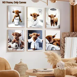 6-Piece Unframed Canvas Poster Set, Highland Cow Bathroom Art, Cute Cow Design, Fun Animal Decor, Modern Home Decoration, Wall Art Painting, Wall Art for Hallway & Bedroom