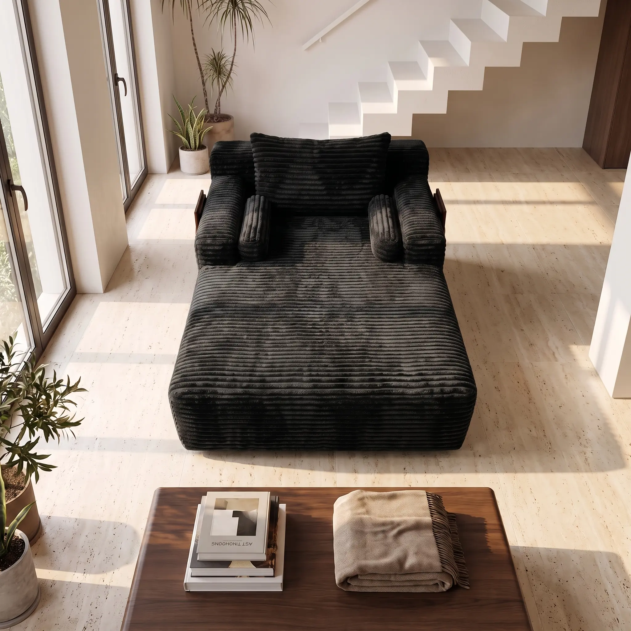 ELHRSWW Modern Oversized Ribbed Corduroy Deep-Seat Chaise Lounge Cloud Sofa - Boneless Modular Boneless Couches, High-Density Foam Soft Cushion, Ergonomic Full-Body Support, Vacuum-Compressed Unboxed Ready Sofas for Living Room Indoor Furniture